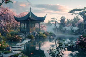 公园湖泊凉亭美景