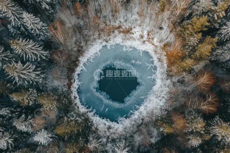 高清大图下载【趣麦麦图】冬季松树林湖泊俯视图