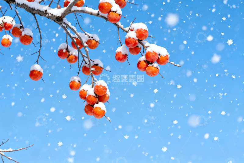 高清大图下载【趣麦麦图】雪柿满枝蓝空飞雪冬日景观