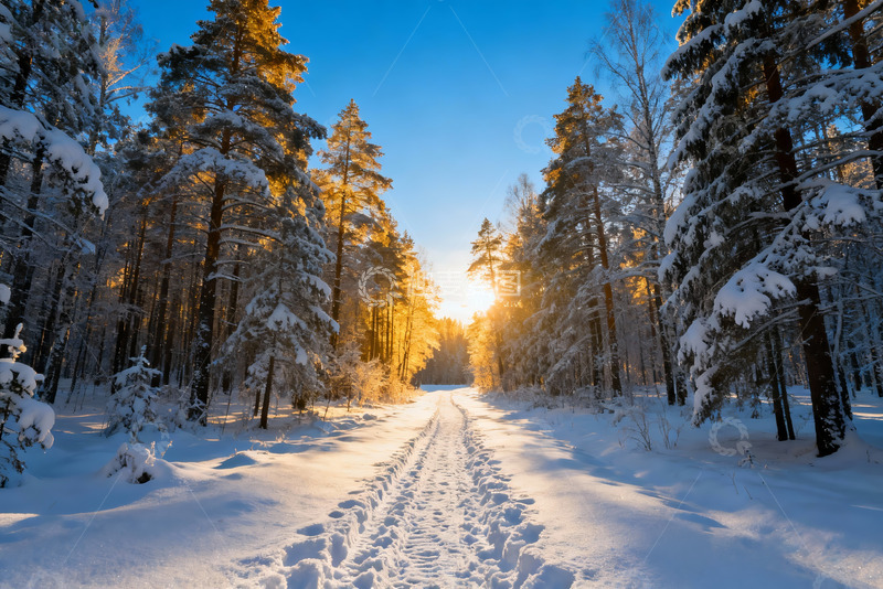 高清大图下载【趣麦麦图】金阳雪道穿过的冬日松树林