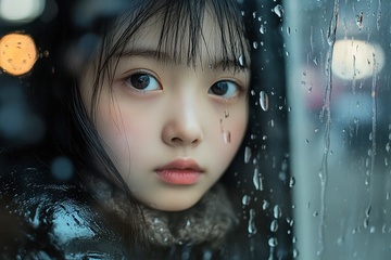 玻璃窗后的少女