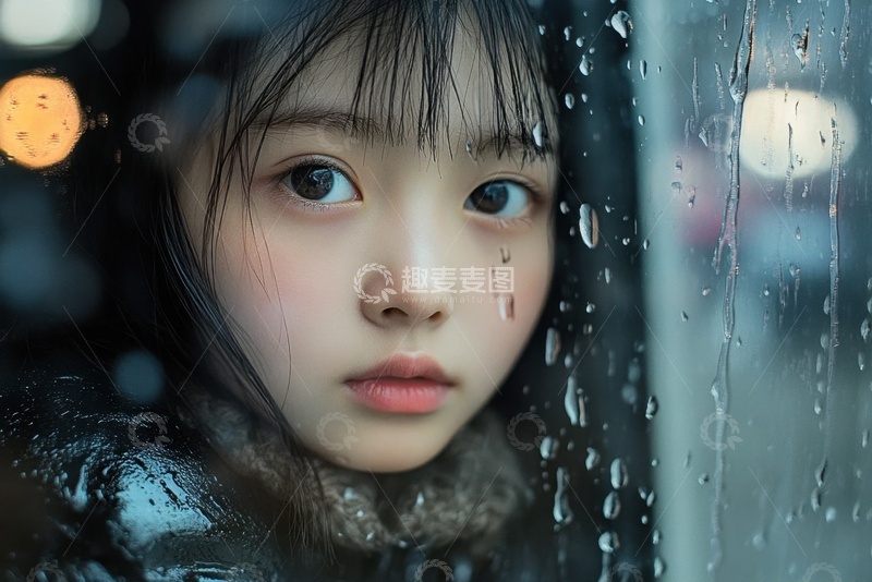 高清大图下载【趣麦麦图】玻璃窗后的少女
