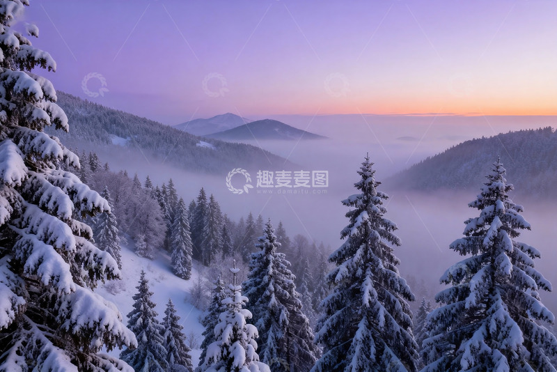 高清大图下载【趣麦麦图】紫色霞光下的雪岭松涛冬日全景