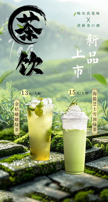 国风绿茶奶茶饮品海报