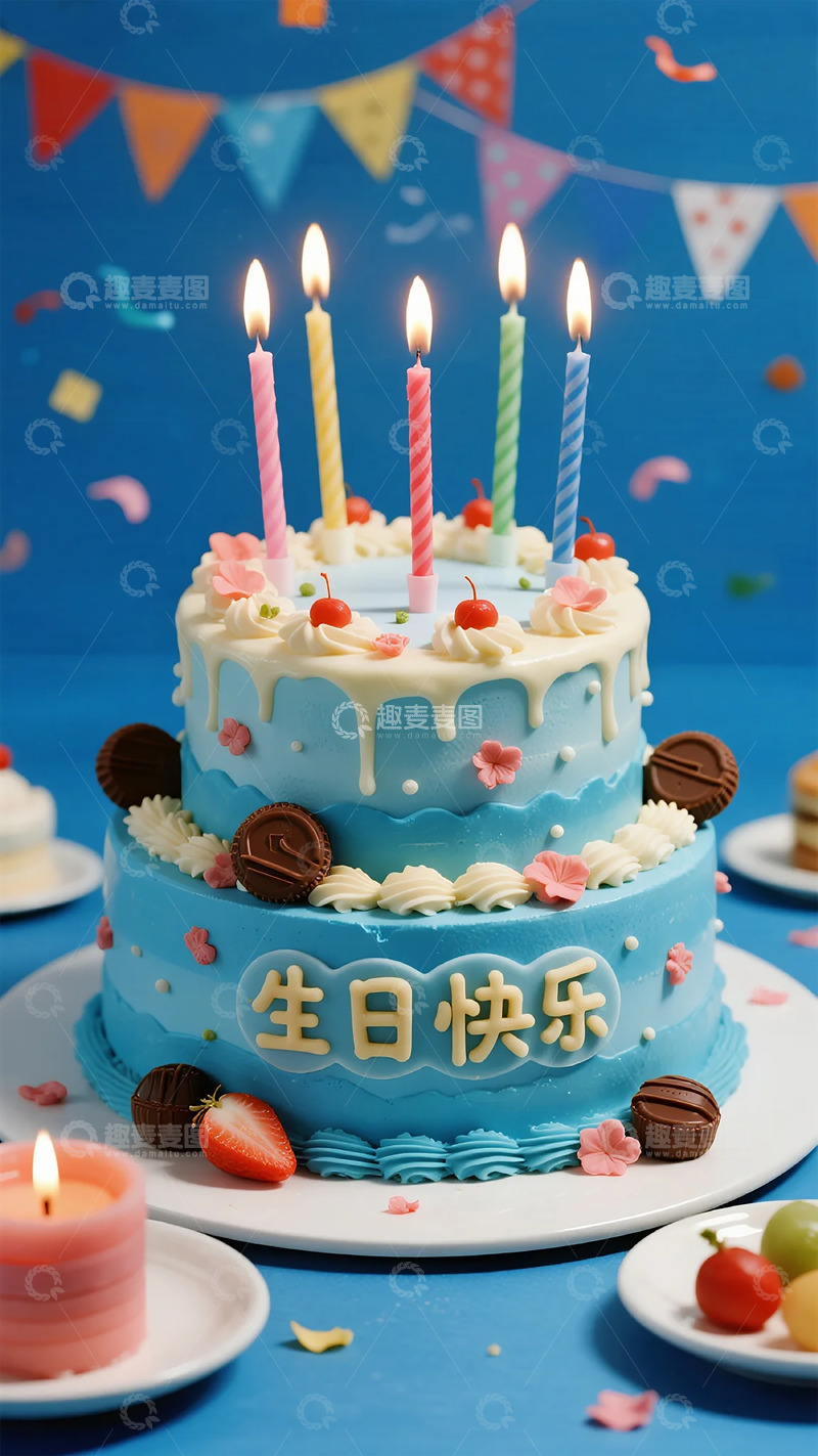 高清大图下载【趣麦麦图】蓝色生日蛋糕庆祝装饰摄影