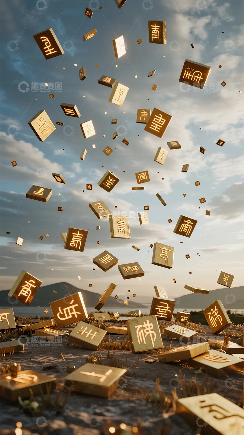 高清大图下载【趣麦麦图】金色汉字飞舞景观创意视觉