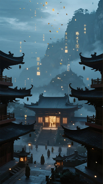 古风寺庙夜景插画