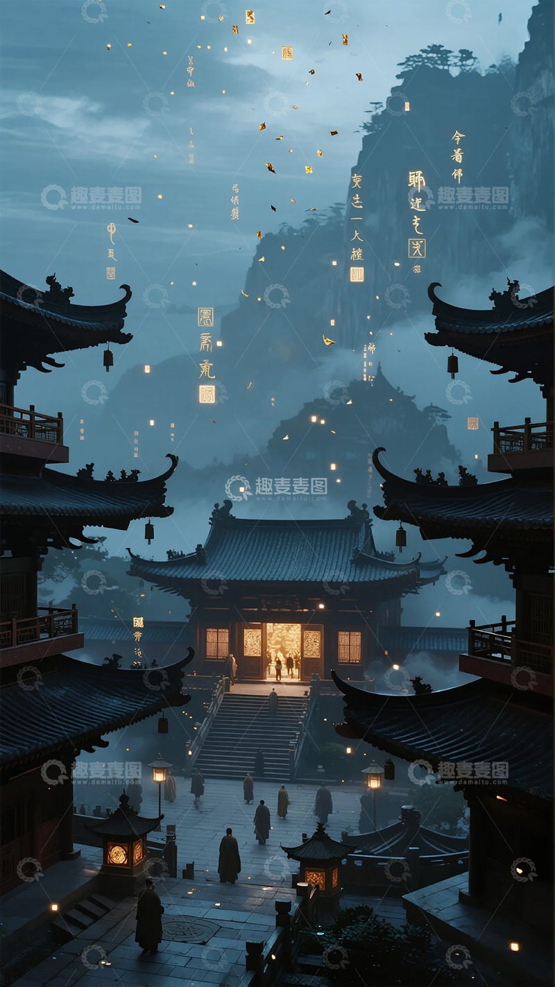 高清大图下载【趣麦麦图】古风寺庙夜景插画