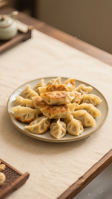 暖色调中式煎饺美食摄影