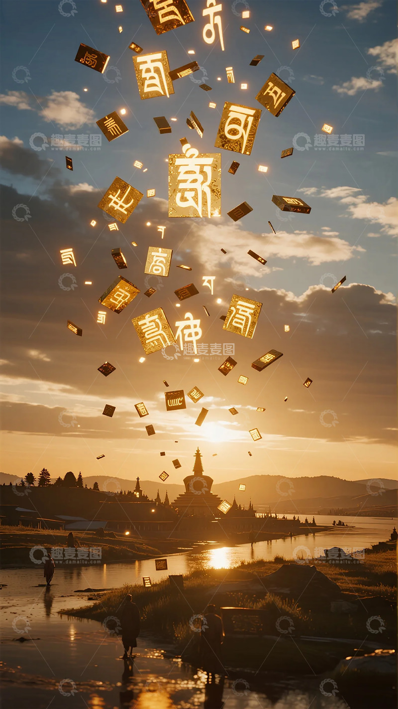 高清大图下载【趣麦麦图】金色符文飘舞山水间