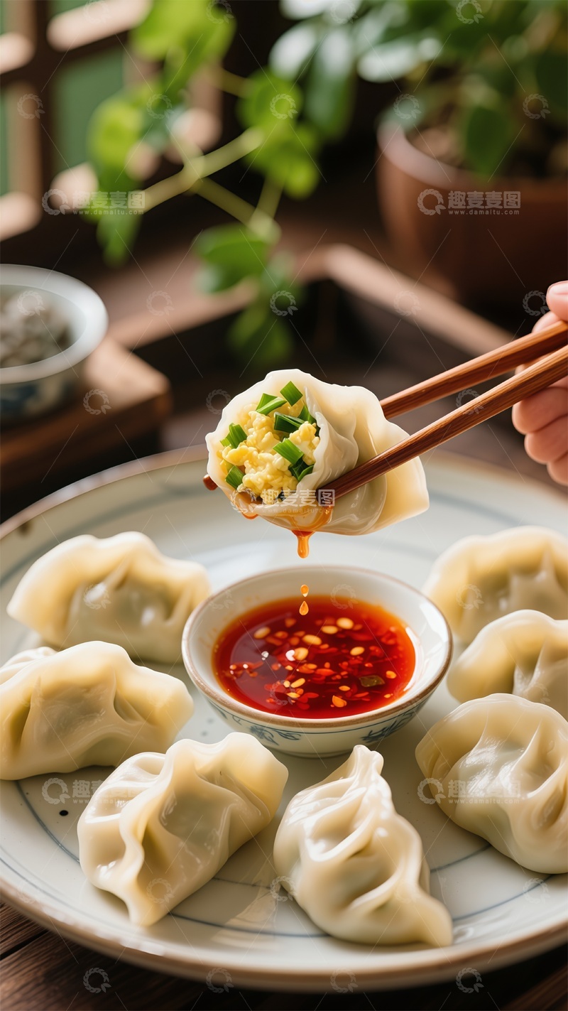 高清大图下载【趣麦麦图】中式美食饺子蘸酱特写