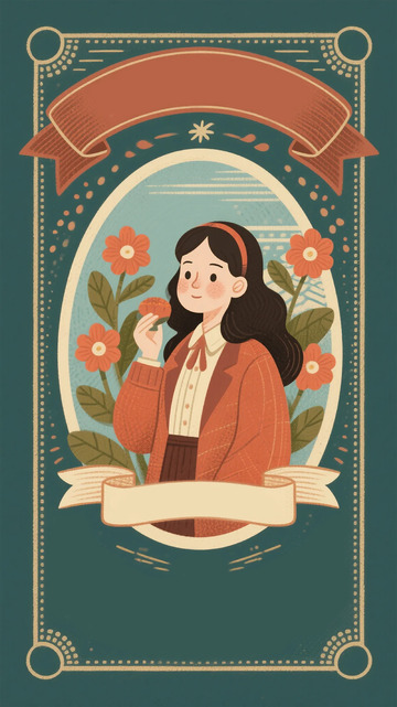 复古插画风格女性与花卉设计素材