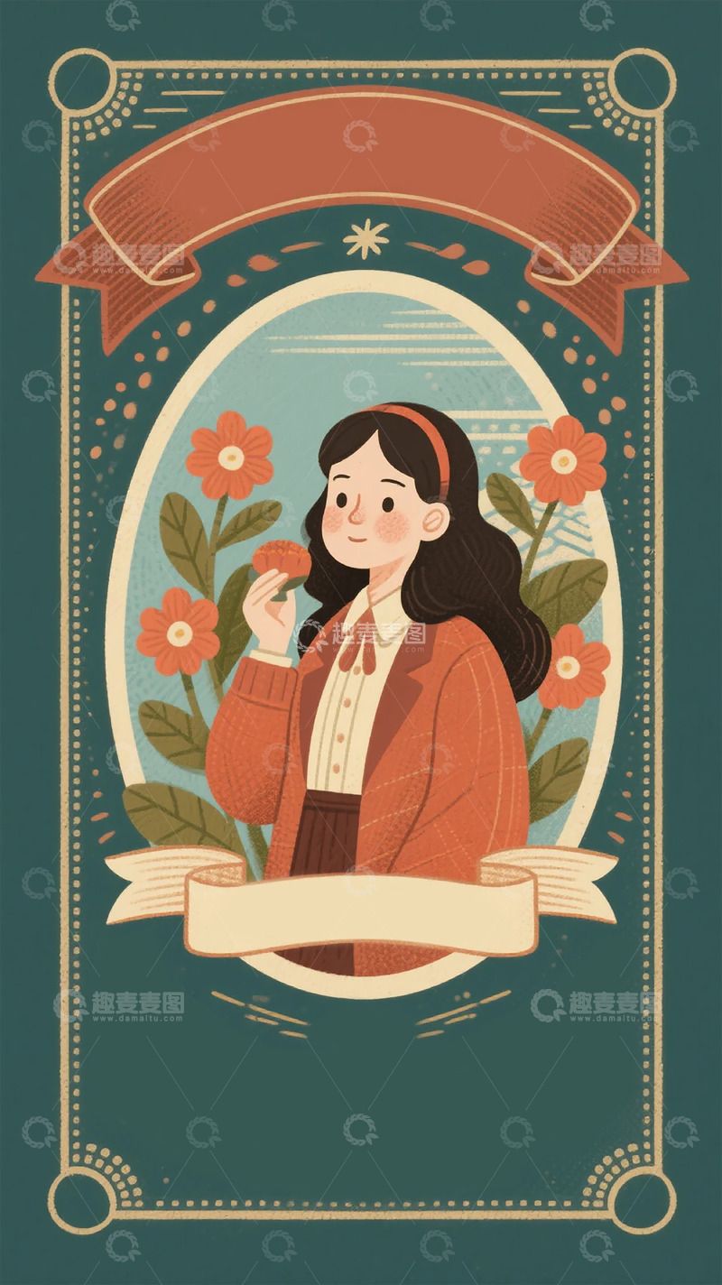 高清大图下载【趣麦麦图】复古插画风格女性与花卉设计素材