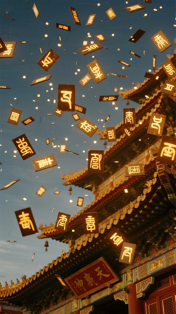 古典建筑飞舞汉字喜庆场景