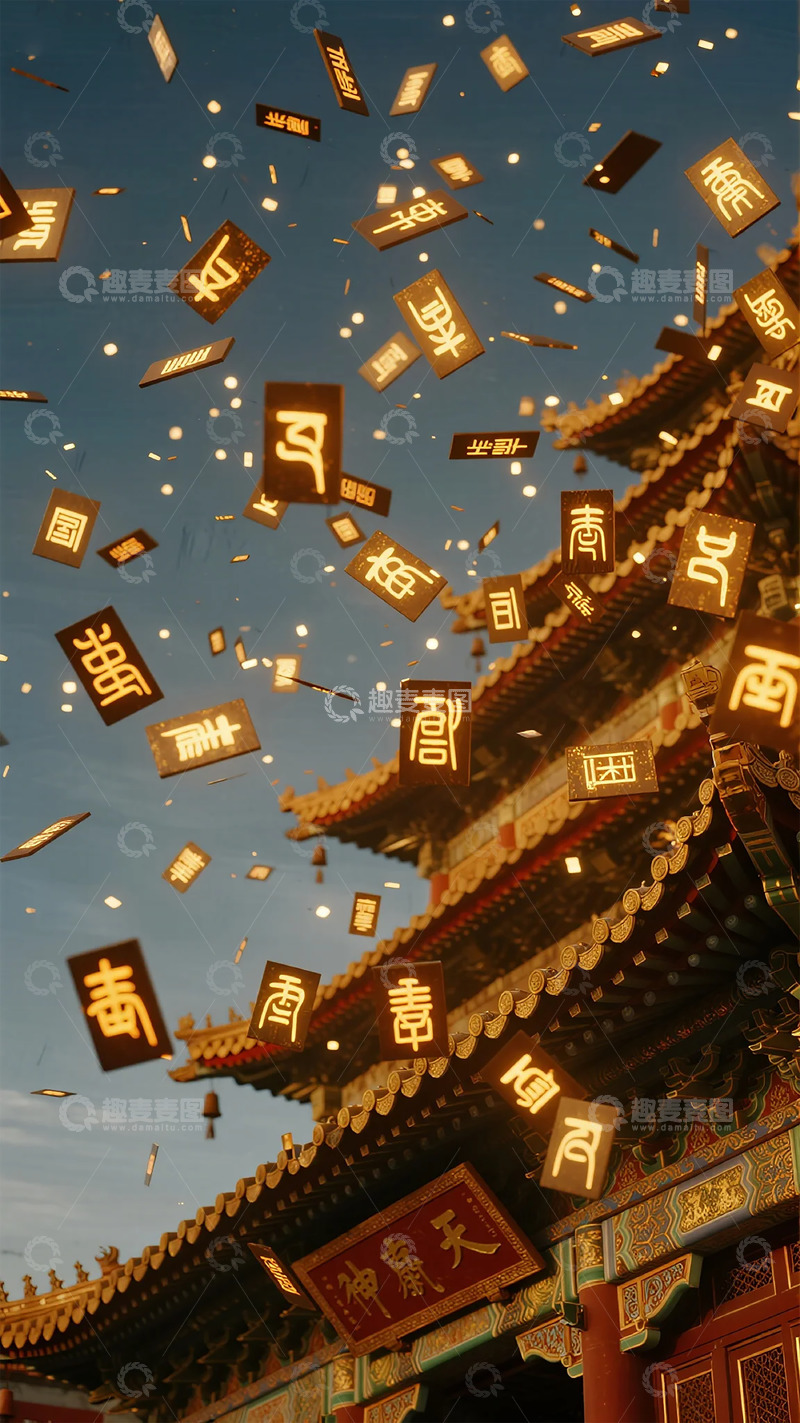 高清大图下载【趣麦麦图】古典建筑飞舞汉字喜庆场景