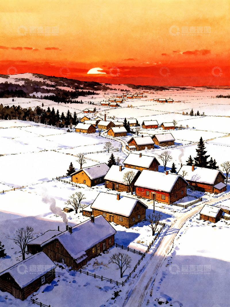 高清大图下载【趣麦麦图】冬季雪后村庄2