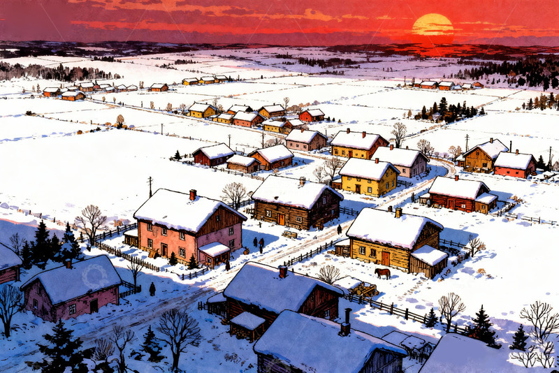 高清大图下载【趣麦麦图】冬季雪后村庄复古