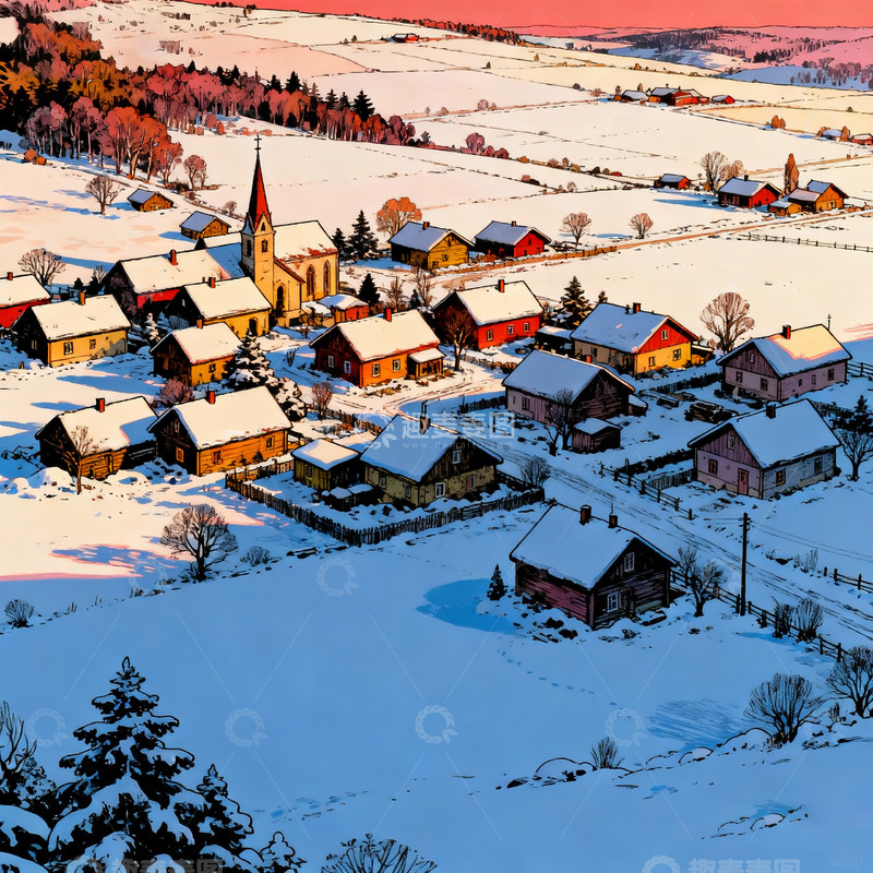 高清大图下载【趣麦麦图】冬季雪后村庄插画