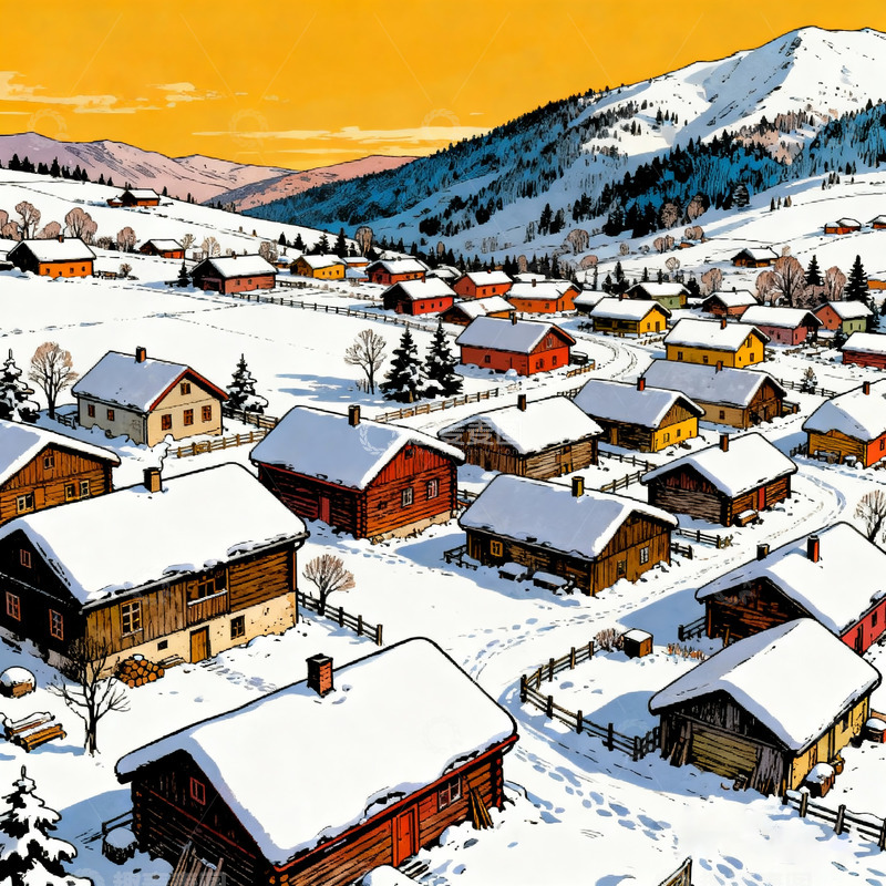 高清大图下载【趣麦麦图】冬季雪后村庄1