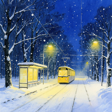 雪夜中的公交站插画
