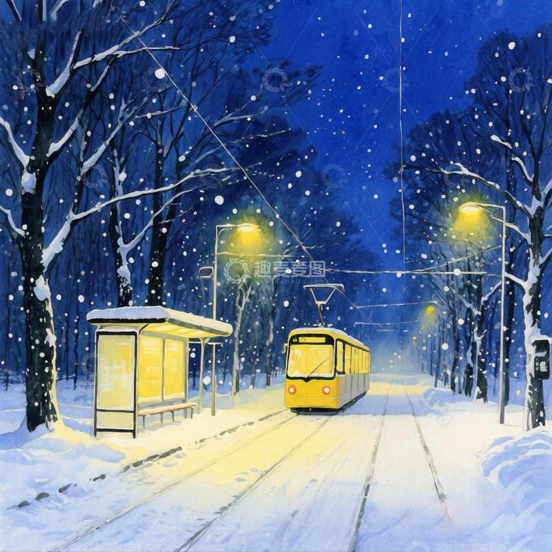 高清大图下载【趣麦麦图】-雪夜中的公交站插画