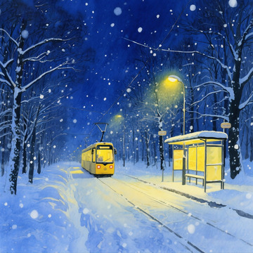 雪夜中的公交站