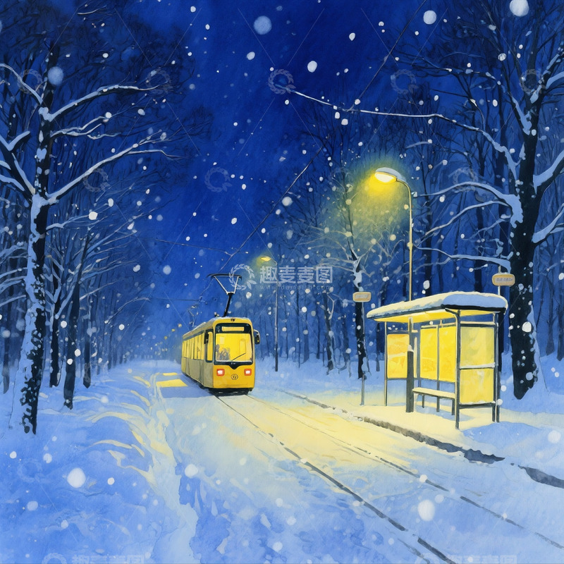 高清大图下载【趣麦麦图】-雪夜中的公交站