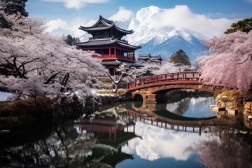 湖泊桃花庭院拱桥