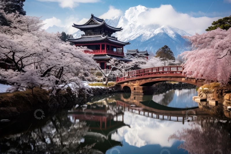 高清大图下载【趣麦麦图】湖泊桃花庭院拱桥