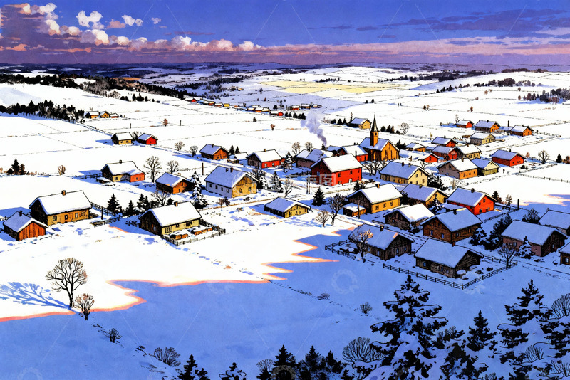 高清大图下载【趣麦麦图】冬季雪后神秘村庄