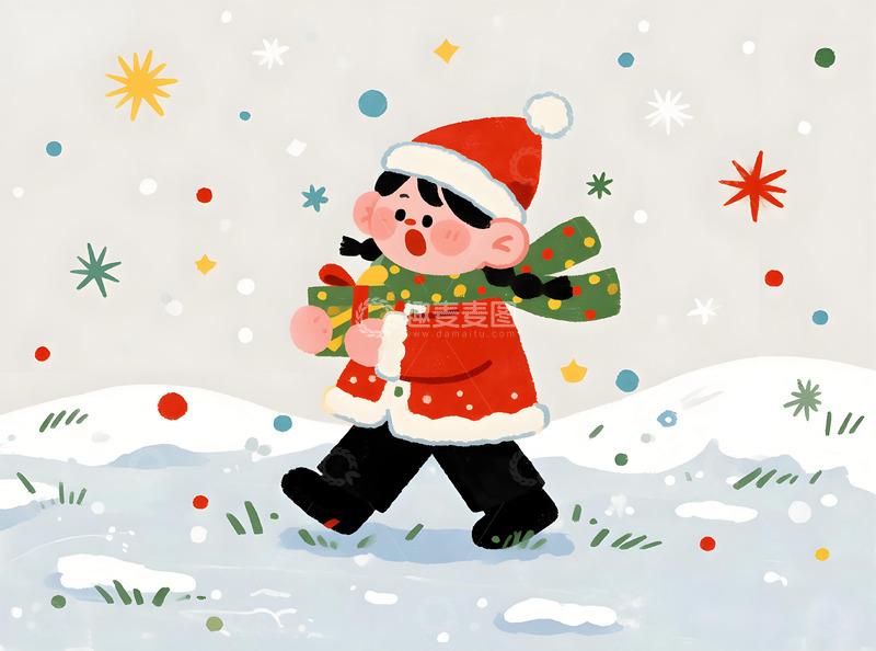 高清大图下载【趣麦麦图】卡通圣诞老人送礼物插画