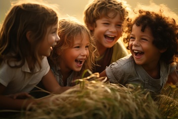 趴在草垛上玩耍的一群小朋友