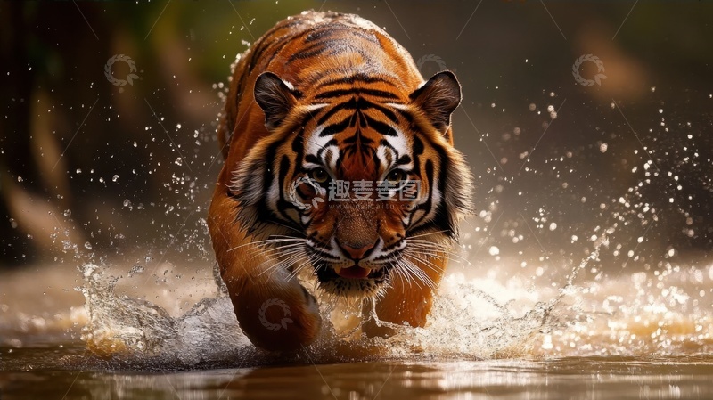 高清大图下载【趣麦麦图】行走在河道里的一只老虎