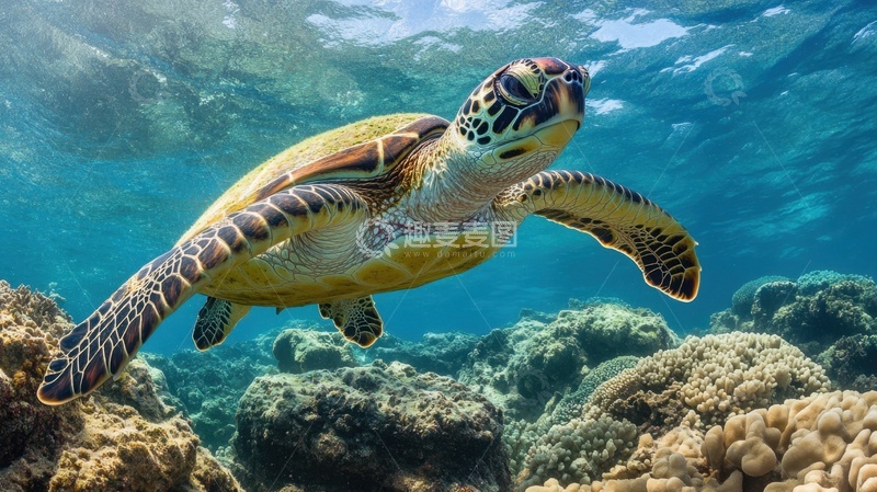 高清大图下载【趣麦麦图】大海里游泳的一只乌龟