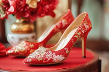 一双红色的绣花高跟鞋