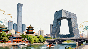 北京现代与古典融合城市风光插画