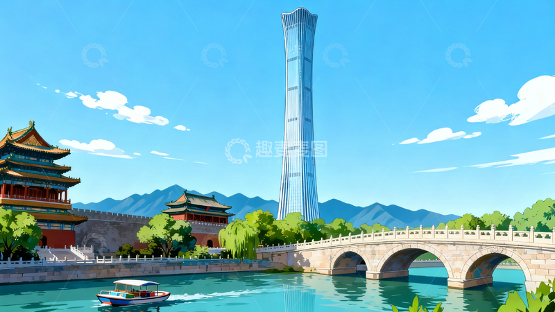 高清大图下载【趣麦麦图】现代与传统融合城市景观插画