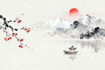 水墨雪岭红果冬日山水景观素材