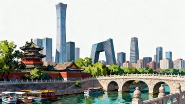 古今交融城市风光水彩画