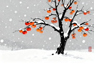 插画雪岭红果冬日山水景观素材