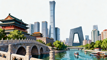 中国城市古建筑与现代建筑融合插画