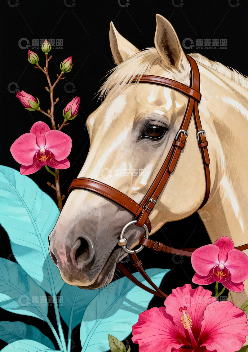高清大图下载【趣麦麦图】马与植物插画