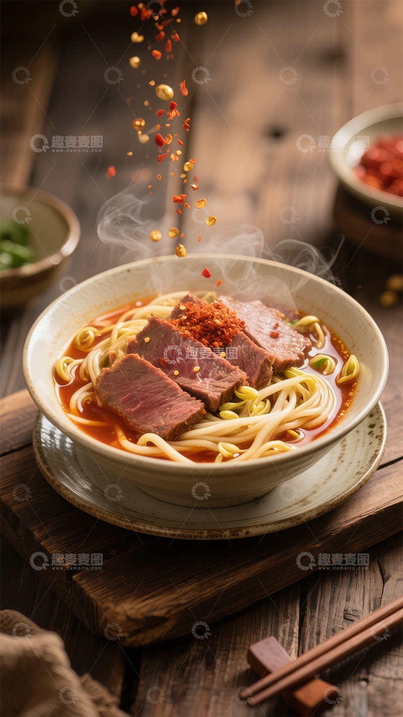 高清大图下载【趣麦麦图】热气腾腾牛肉面美食摄影辣椒面