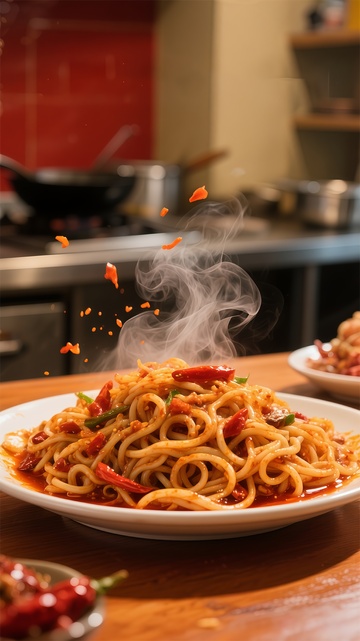 热气腾腾辣味意面美食摄影