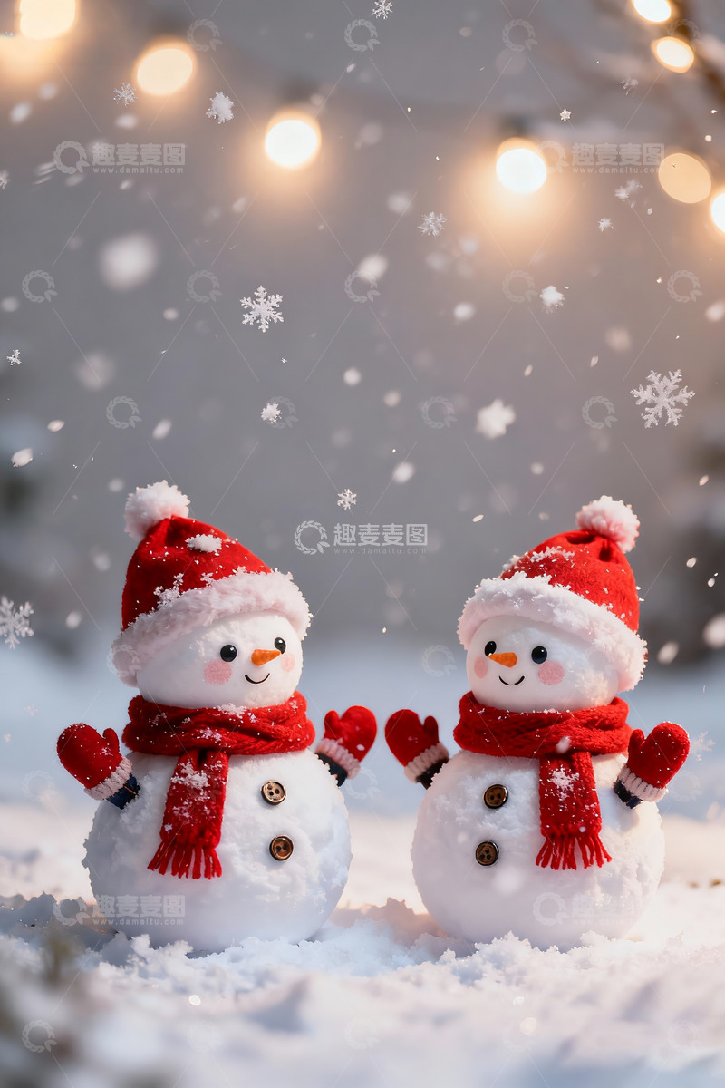 高清大图下载【趣麦麦图】戴着红色帽子的雪人