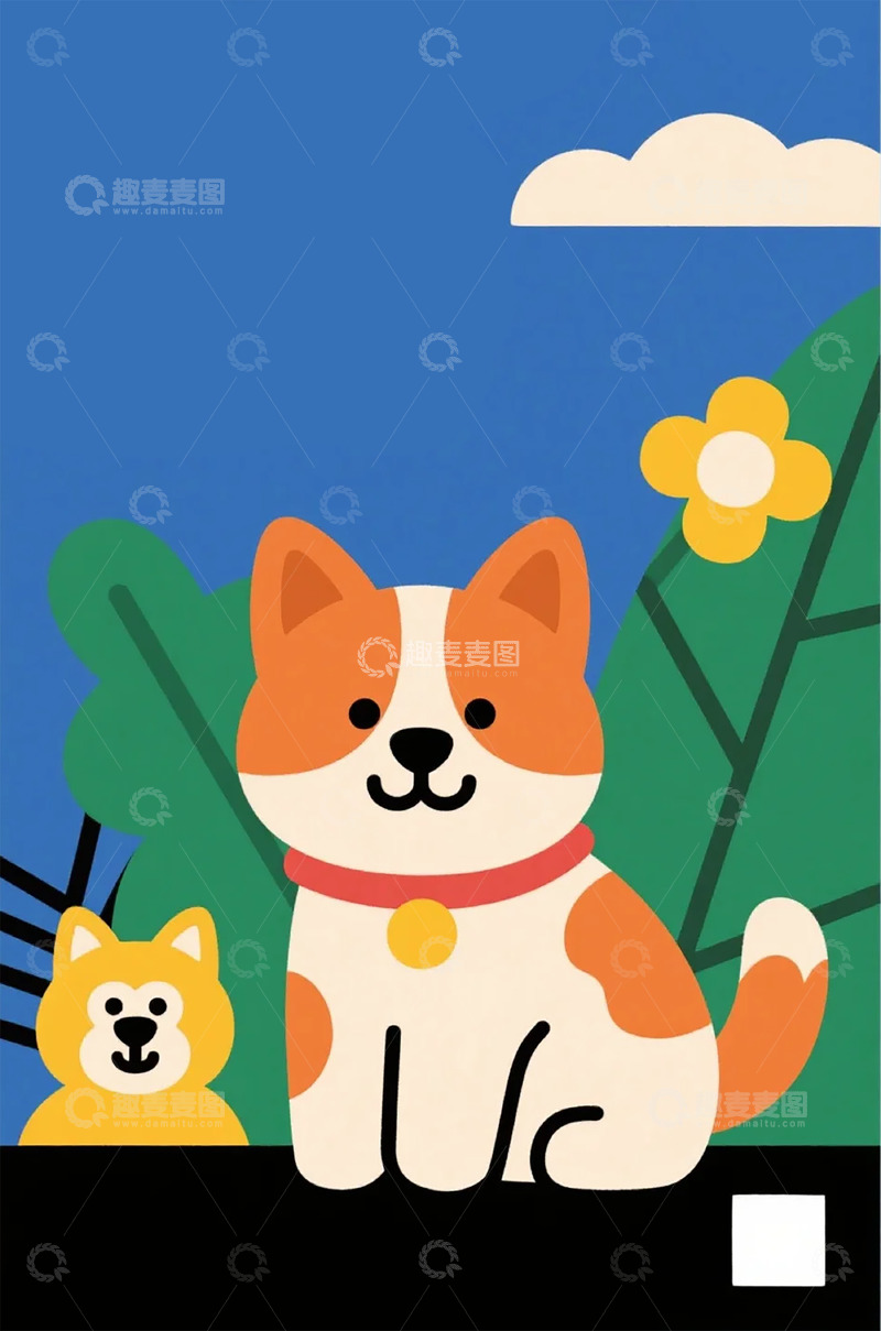 高清大图下载【趣麦麦图】卡通柴犬花园插画