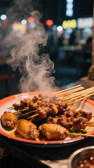 夜市场烤肉串美食摄影
