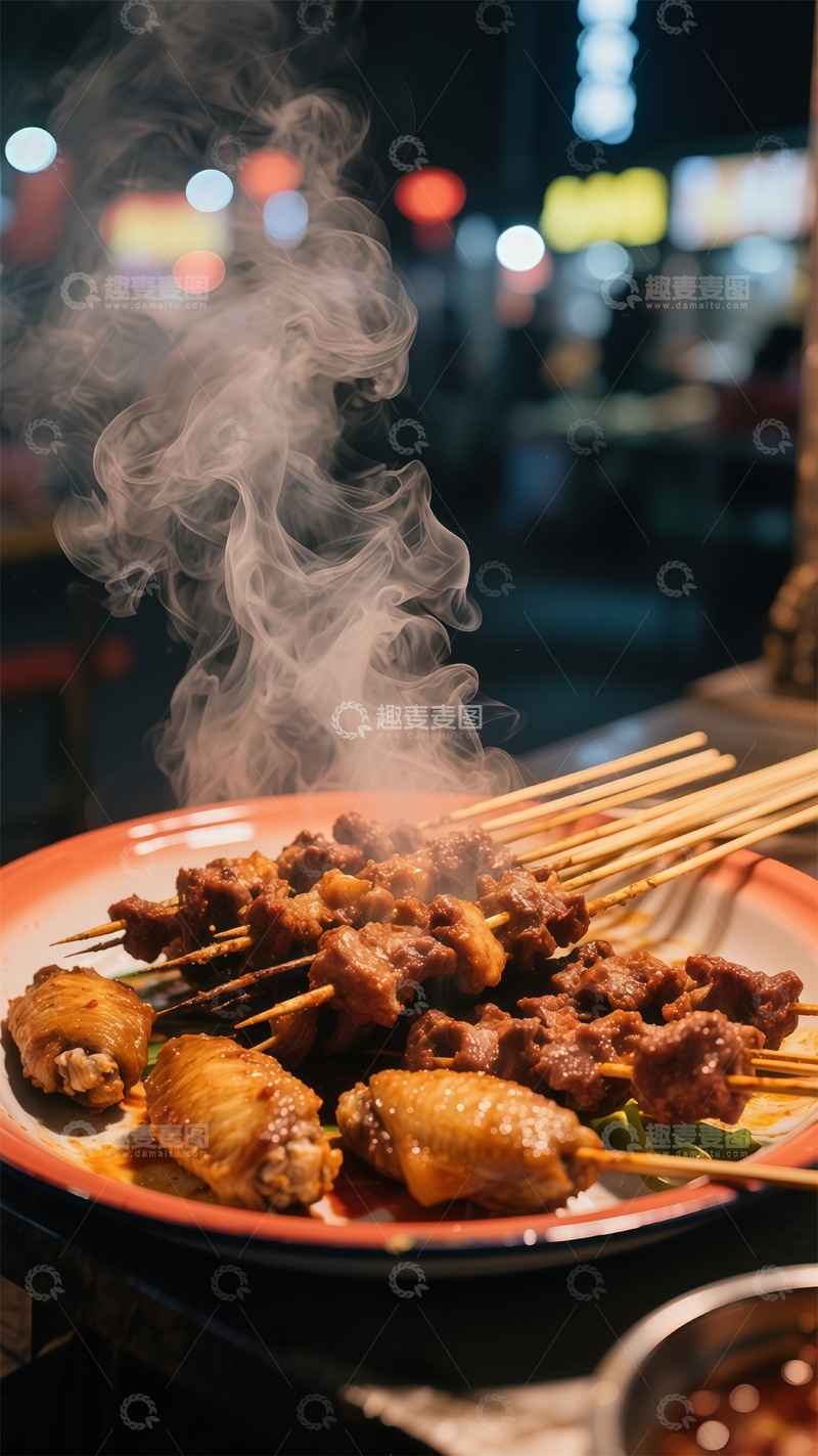 高清大图下载【趣麦麦图】夜市场烤肉串美食摄影