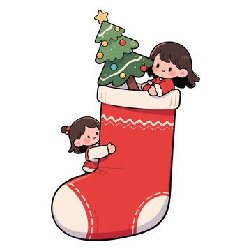 卡通圣诞节袜女孩插画素材