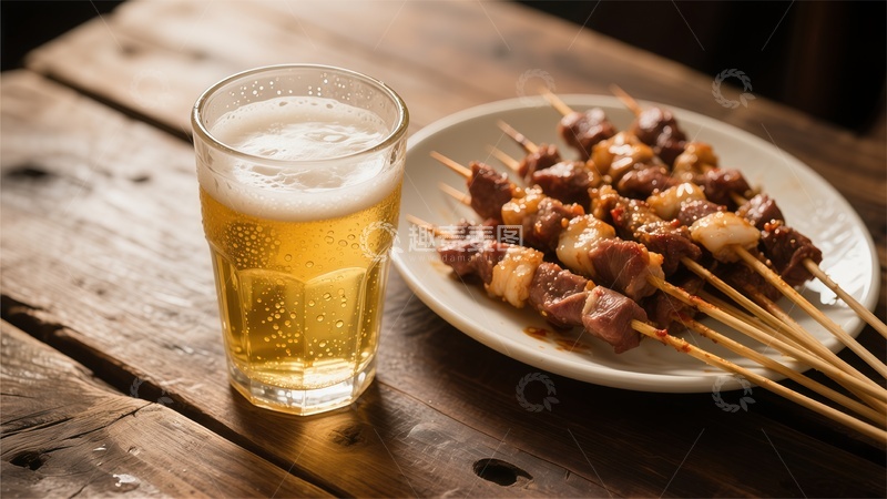 高清大图下载【趣麦麦图】木桌啤酒烤串美食摄影